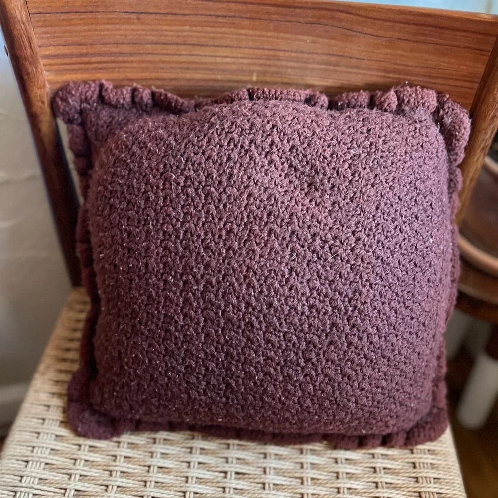 Vintage Crochet Pillow Handmade Granny Square + Chenille 70s Boho Throw Pillow